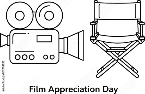 Vector art of a classic film camera and directors chair are depicted in a simple line drawing for film appreciation day isolated on white background
