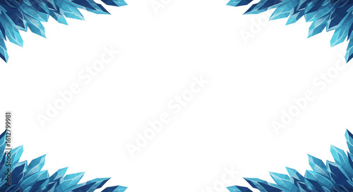 Abstract frame with blue crystal formations in the corners. Fantasy ice or mineral border on a white background with copy space.