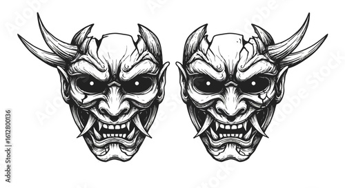 Intricate monochrome illustration of a fierce Japanese demon mask, a powerful mythological Oni spirit from folklore
