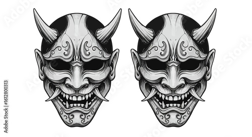 Menacing Oni demon mask from Japanese mythology, a traditional Hannya face with horns and fangs in a monochrome illustration style.