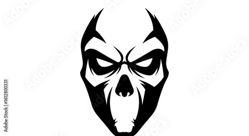 Stylized evil skull mask with a fierce and aggressive expression. Black and white vector graphic of a demonic head, perfect for an emblem.