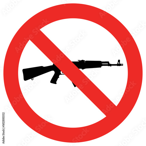 A red prohibition sign featuring a black rifle silhouette, gun control concept