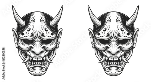 Monochrome Japanese demon Oni mask illustration. Traditional Hannya folklore monster head with horns and fangs in a vintage tattoo style.