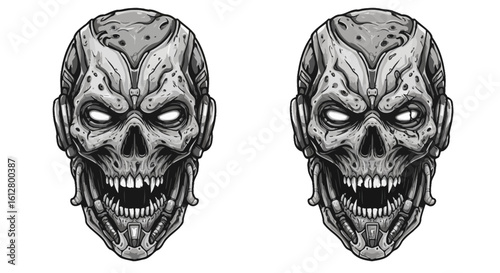 Monochrome concept illustration of a demonic alien skull with glowing eyes. Sinister vector art for a horror or fantasy mascot.