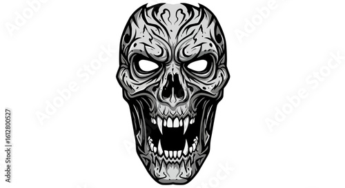 Monochrome illustration of a demonic skull with sharp fangs and ornate tribal patterns. A horror concept of an undead monster.