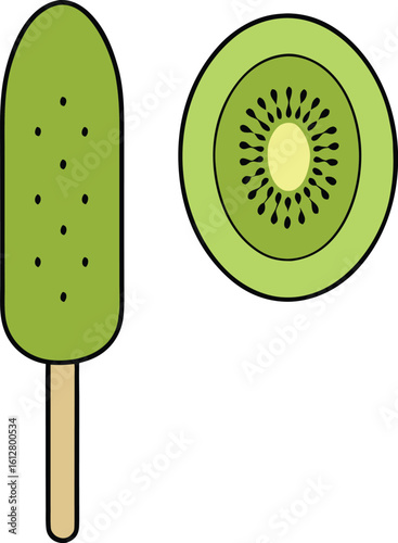 Delicious kiwi ice cream stick with fresh kiwi seeds and slice illustration