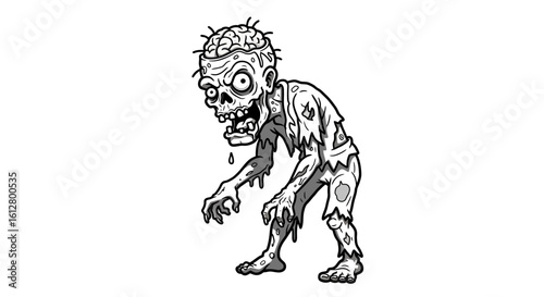 Monochrome illustration of a scary demonic skull with a tribal tattoo pattern and menacing fangs, isolated on a white background