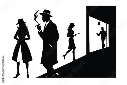 Noir Character Vector Silhouette Set - Vintage Detective and Femme Fatale Figures