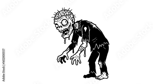 Monochrome illustration of a creepy shambling zombie, a classic horror monster from a post-apocalyptic world.