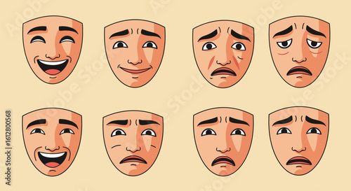 A diverse collection of illustrated theatrical masks representing a full spectrum of human emotions and feelings.