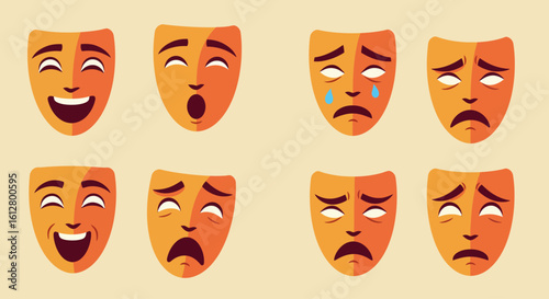 A collection of theatrical masks depicting a variety of human emotions, from joy and laughter to sadness, anger, and despair.