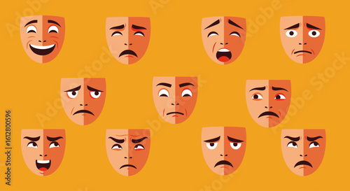 A diverse set of illustrated faces and masks showcasing a spectrum of human emotions and expressions. A concept of feelings.