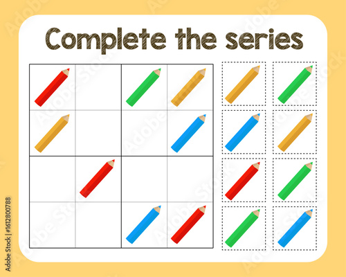 Complete the series Sudoku game activity for kids with colored pencils