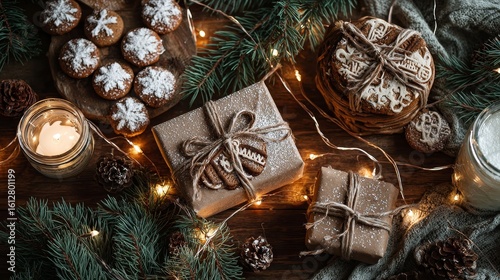 Festive holiday concept featuring rustic wrapped gifts, gingerbread cookies, pine branches, and glowing candle lights.