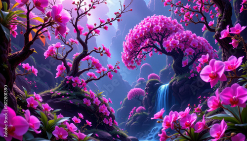 Vibrant and enchanting scene featuring lush forest filled with blooming pink orchids, majestic trees, and serene waterfall cascading through landscape, evoking sense of tranquility and beauty