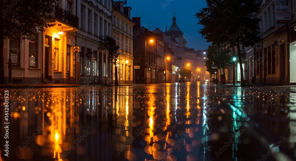 Fototapeta premium City street at night on a rainy day, with colorful urban lights reflecting on the wet asphalt, creating a vibrant and cinematic atmosphere of a modern cityscape.