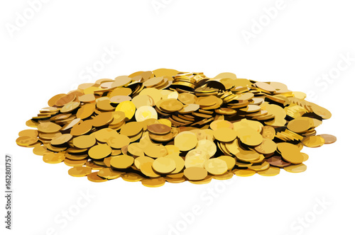 A large pile of shiny golden coins or tokens isolated on a pure white background for finance or wealth concepts.