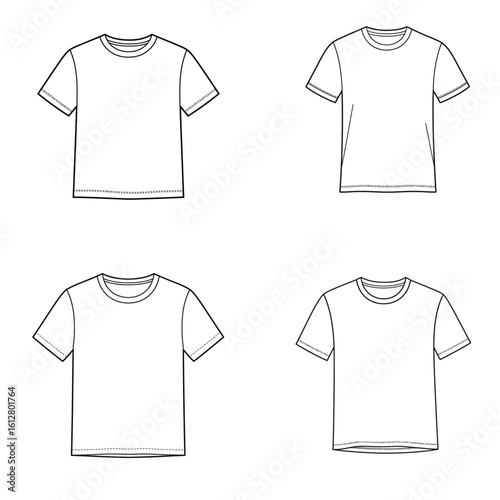 Collection of blank white t-shirt templates. Vector flat technical sketches of short sleeve crew neck shirts for fashion design concepts.
