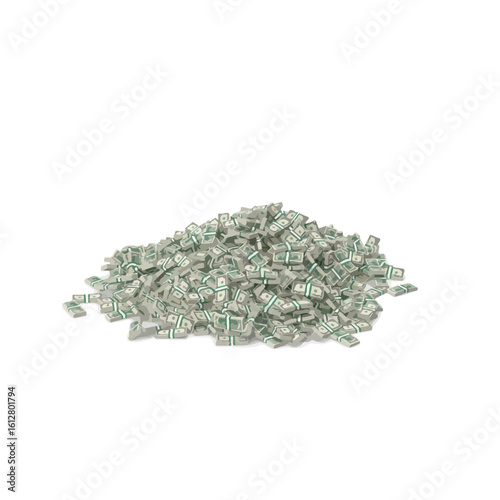 A large pile of bundled cash stacks, representing wealth and financial success. 3D rendered illustration isolated on a white background.