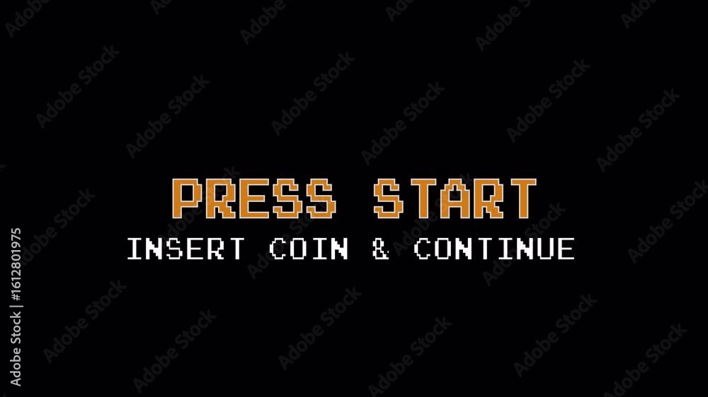 Pixel Press Start animation, black retro game screen, 8-bit start prompt, Classic video game intro, Vintage game UI, Animated start message, Pixelated Press Start text, video, pixel art, retro, 8-bit