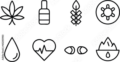 Set of Natural Wellness and CBD Icons in Line Art Style
