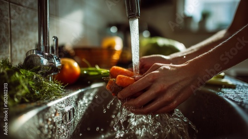 Wallpaper Mural Woman rinsing colorful vegetables under tap water in sunny kitchen, healthy living concept. Torontodigital.ca