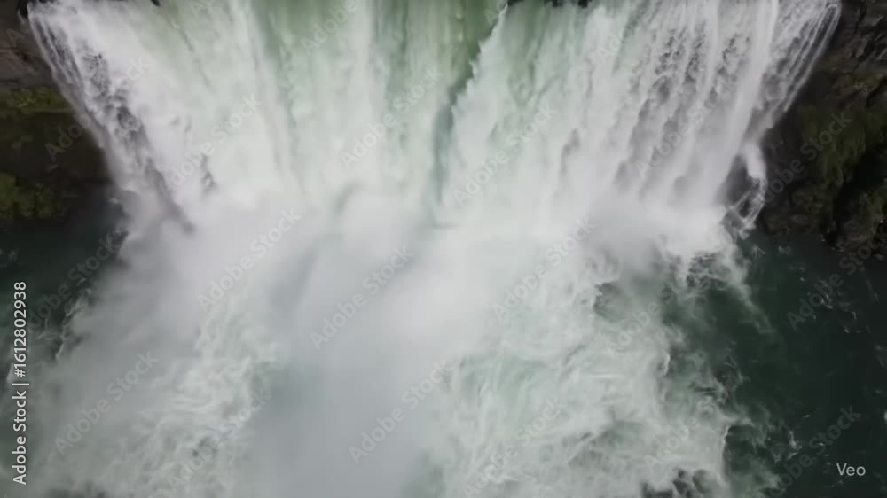 Vertical top-down drone shot of a powerful waterfall.