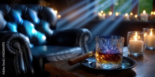 Cozy evening with whiskey glass and cigar near glowing candles in a relaxed setting