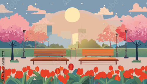 チューリップと桜の風景