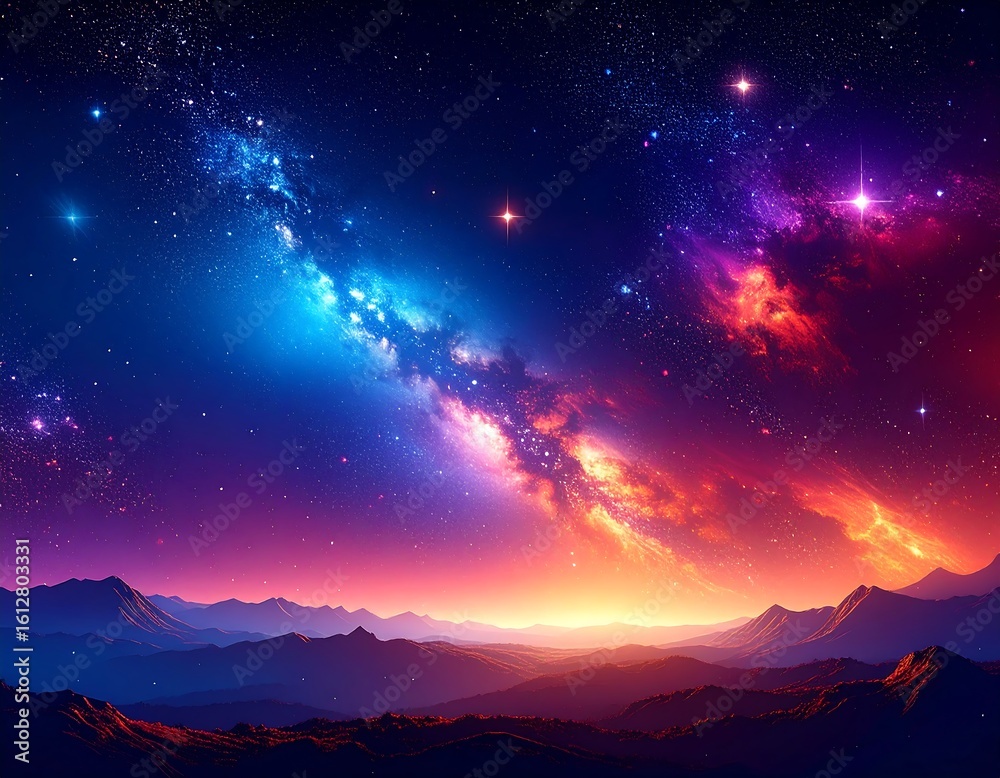 Naklejka premium Colorful galaxy panorama over mountains