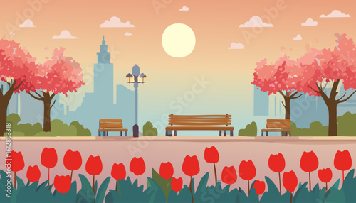 チューリップと桜の風景