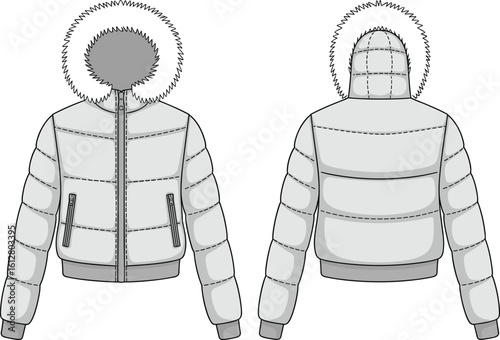 Front and back view of winter puffer jacket with fur hood, technical CAD fashion drawing, flat vector illustration design