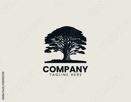 Distinctive black silhouette of a gracefully curved pine tree with stylized foliage. Nature illustration concept