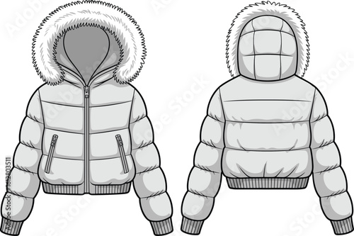 Puffer winter jacket technical flat sketch with fur hood, front and back view, ribbed hem, zipper pockets, CAD vector illustration