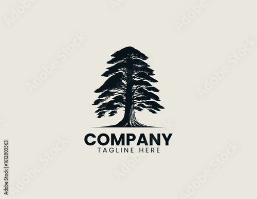 Distinctive black silhouette of a gracefully curved pine tree with stylized foliage. Nature illustration concept