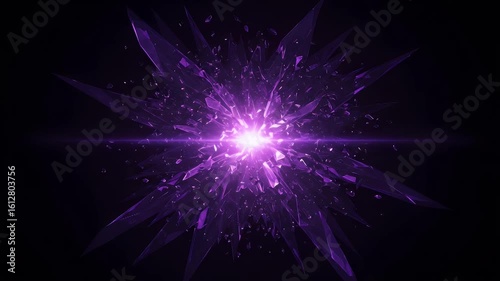 A purple crystal explosion with bright light on a dark background. Abstract art