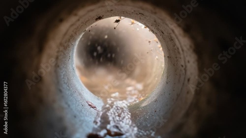 A close up shot of the inside of an open pipe, showing flowing water and debris in it