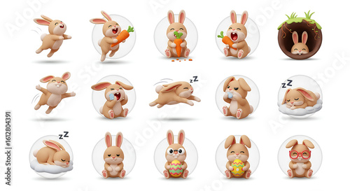 Cute Animal Characters In Various Poses Spring Holiday Illustrations, Set of Icon