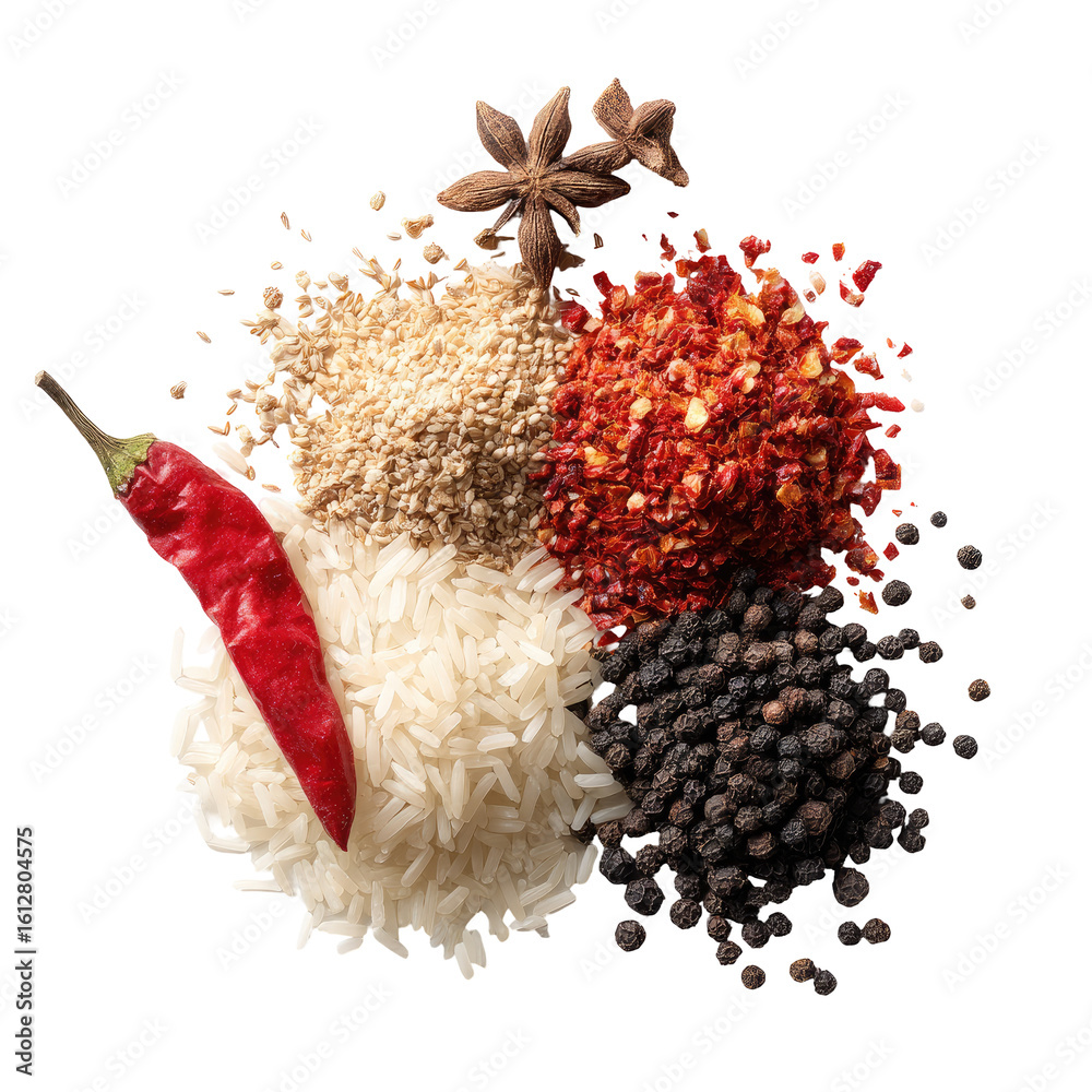 Fototapeta premium Aromatic spice blend with rice, chili pepper, star anise, and peppercorns