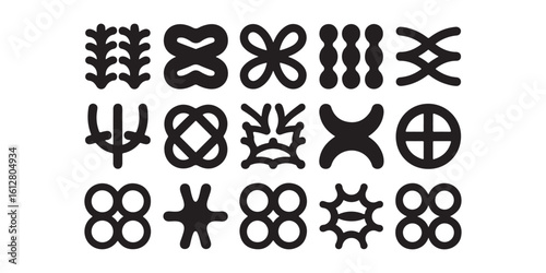 A collection of fifteen adinkra symbols displayed in three rows on a white background clearly visible