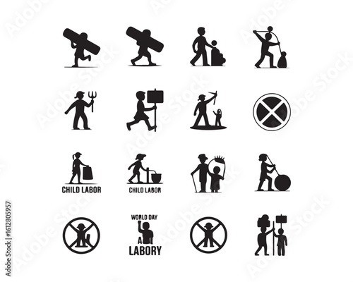 A collection of child labor related icons in black and white depicting various forms of exploitation