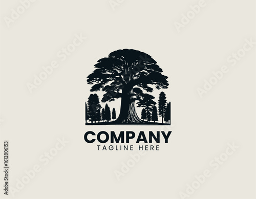 Distinctive black silhouette of a gracefully curved pine tree with stylized foliage. Nature illustration concept