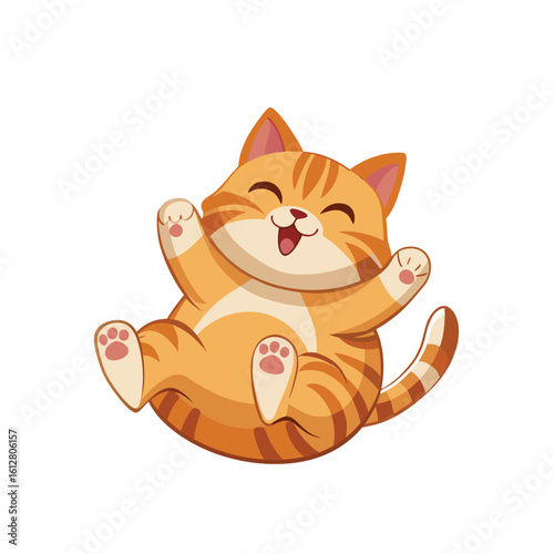 Vector of a cheerful, cartoon-style orange tabby cat with stripes, waving its paws in the air