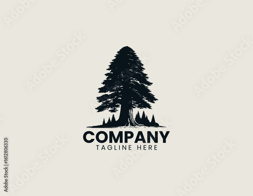 Distinctive black silhouette of a gracefully curved pine tree with stylized foliage. Nature illustration concept