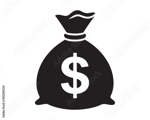 Black silhouette of a money bag with a dollar sign on it against a white isolated background