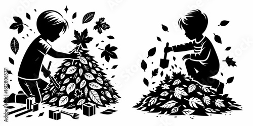 Little Boy building fall leaf pile Equinox. Cartoon Minimal Clipart Silhouette Vector Illustration Line Art Illustration. Young child creates autumn foliage mound equal day night.