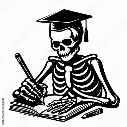 Skeleton writing with pencil Back to School. Cartoon Minimal Clipart Silhouette Vector Illustration Line Art Illustration. Bone figure drafting implement academy kickoff education concept.
