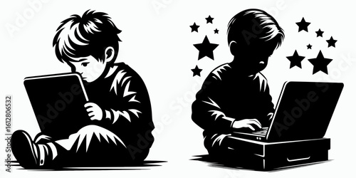Little Boy checking online reviews Cyber Monday. Cartoon Minimal Clipart Silhouette Vector Illustration Line Art Illustration. Young male child viewing product feedback mega shopping day.