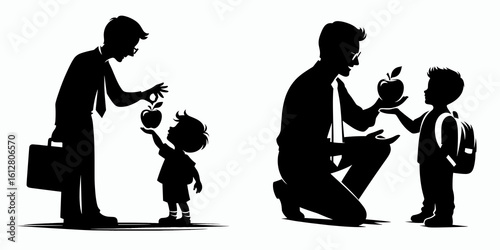 Little Boy giving teacher an Back to School. Cartoon Minimal Clipart Silhouette Vector Illustration Line Art Illustration. Small kid present educator fruit education kickoff scholastic year.