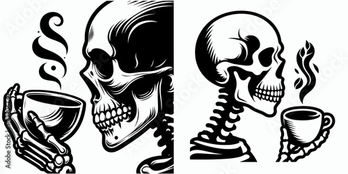 Skeleton counting down midnight New Years Eve. Cartoon Minimal Clipart Silhouette Vector Illustration Line Art Illustration. Bony figure awaiting holiday at twelve in night celebration.